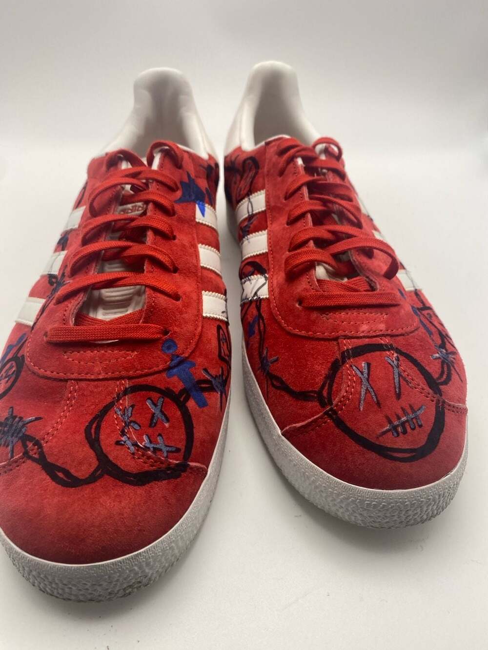 Adidas Gazelle Size 12 Red White Custom Doodled Suede Sneakers (DS1044)